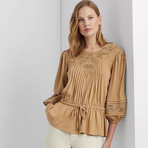 NWT LAUREN RALPH LAUREN Women's Lace-Trim Jersey Peplum Top Siz… - Picture 4 of 9